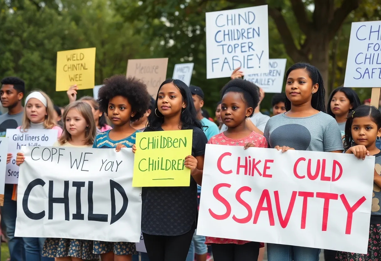 A community gathers for a vigil focusing on child safety and exploitation prevention.
