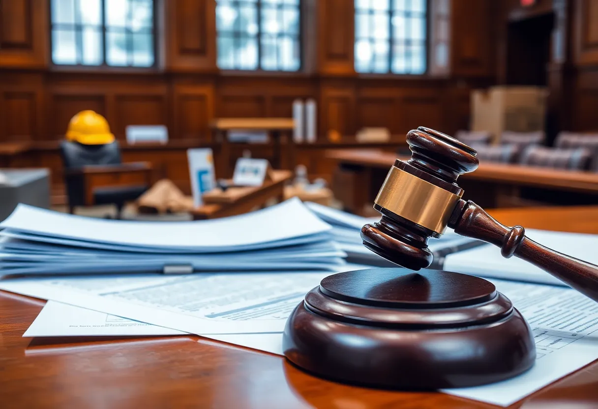 Courtroom scene depicting legal proceedings related to a bid-rigging case.