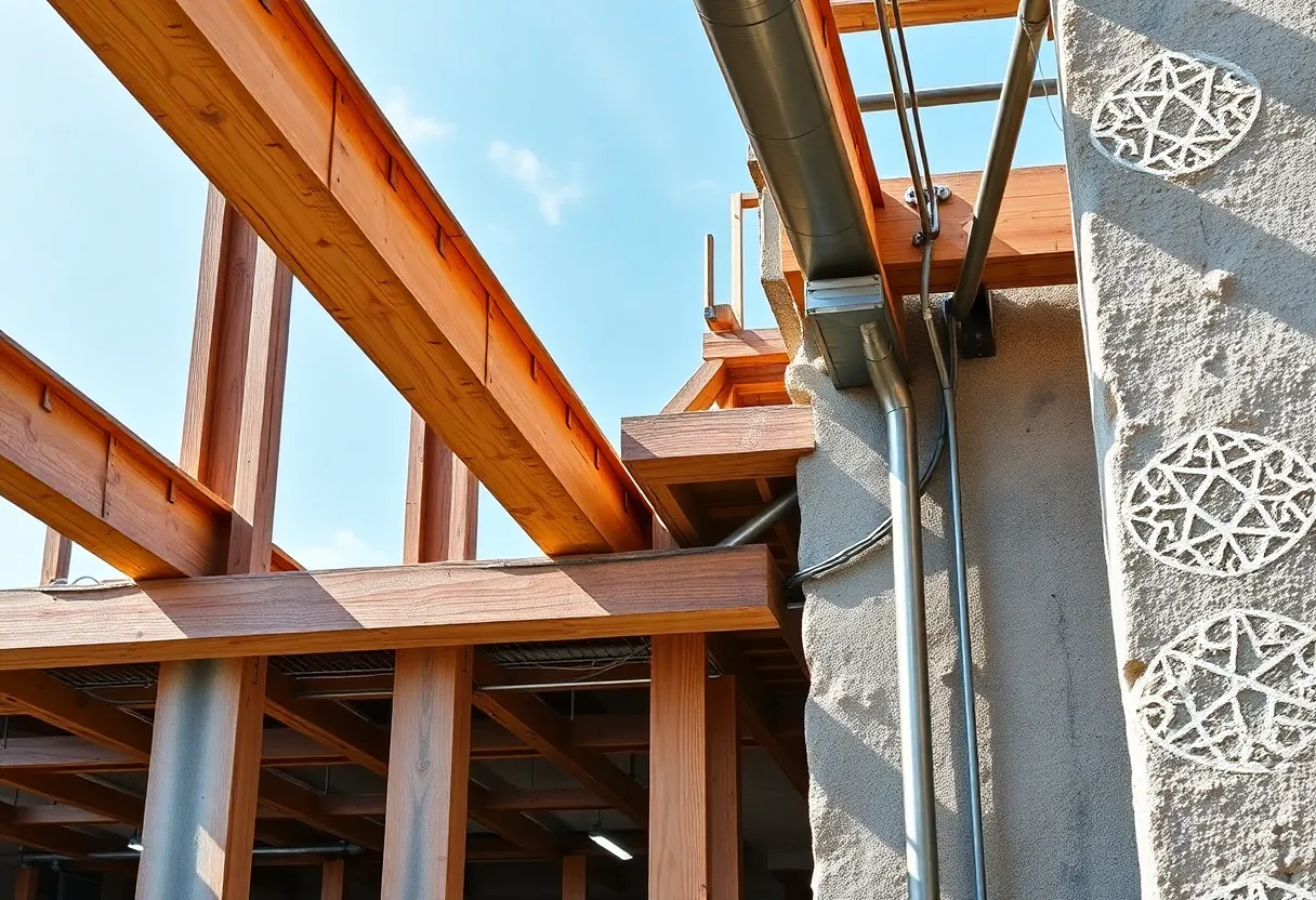 Construction site illustrating durable structural connections and eco-friendly materials.