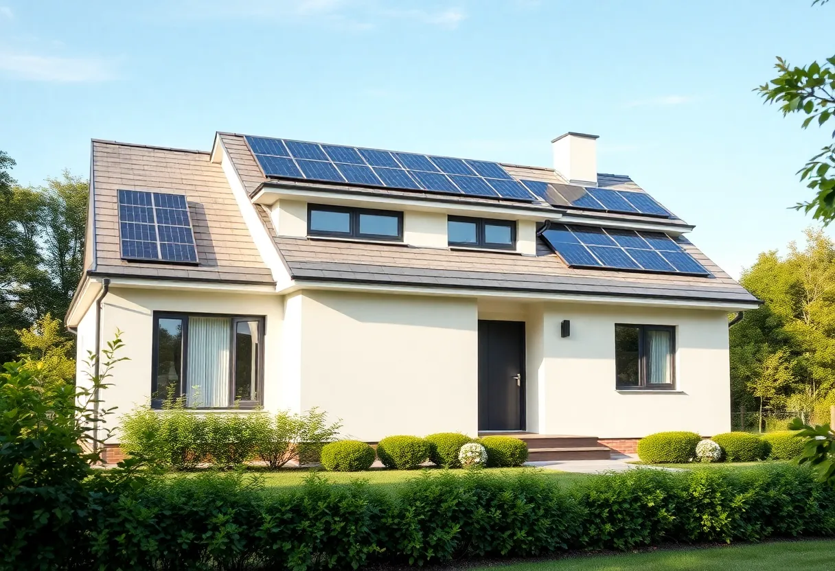 A modern house with energy efficient roofing in a bright landscape.