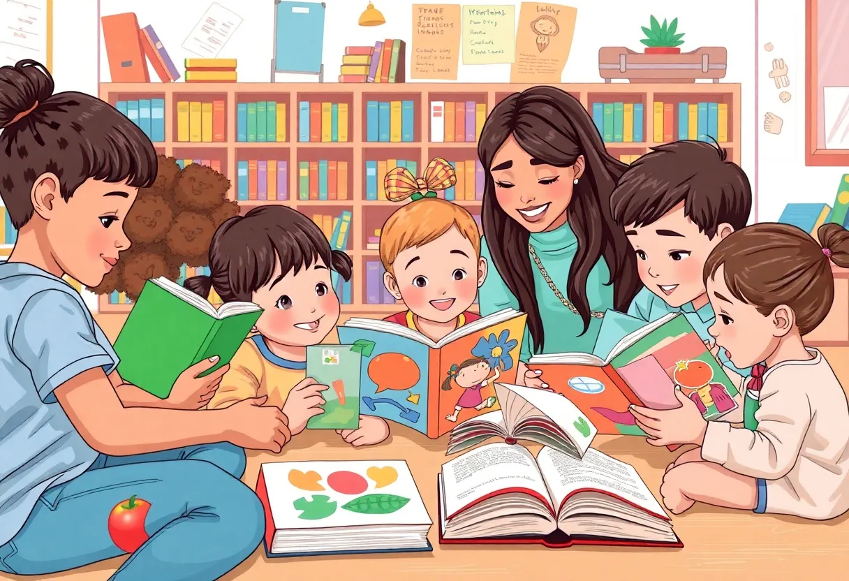 Future educators engaging children in a reading lesson.