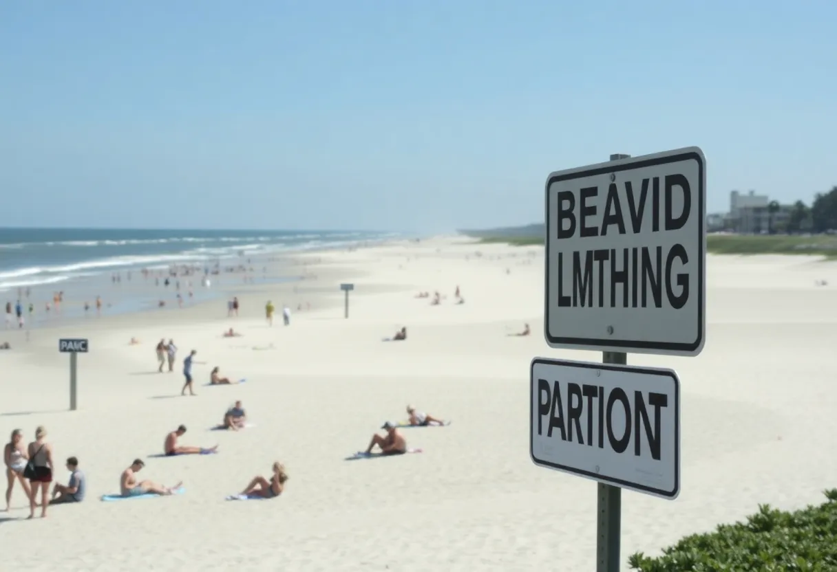 Parking signage at Hilton Head Beach with beachgoers enjoying the sun.