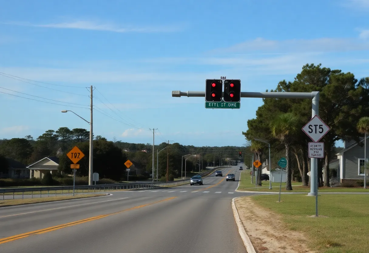 Traffic intersection on Hilton Head Island with caution signs