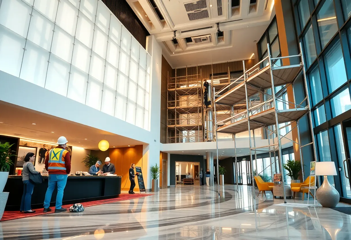 A hotel lobby undergoing renovations with scaffolding.