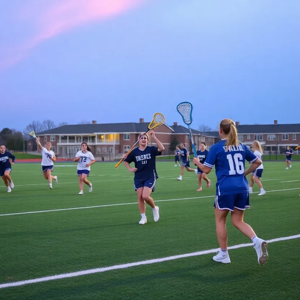 Lacrosse players practicing on a field at John Paul II Catholic School