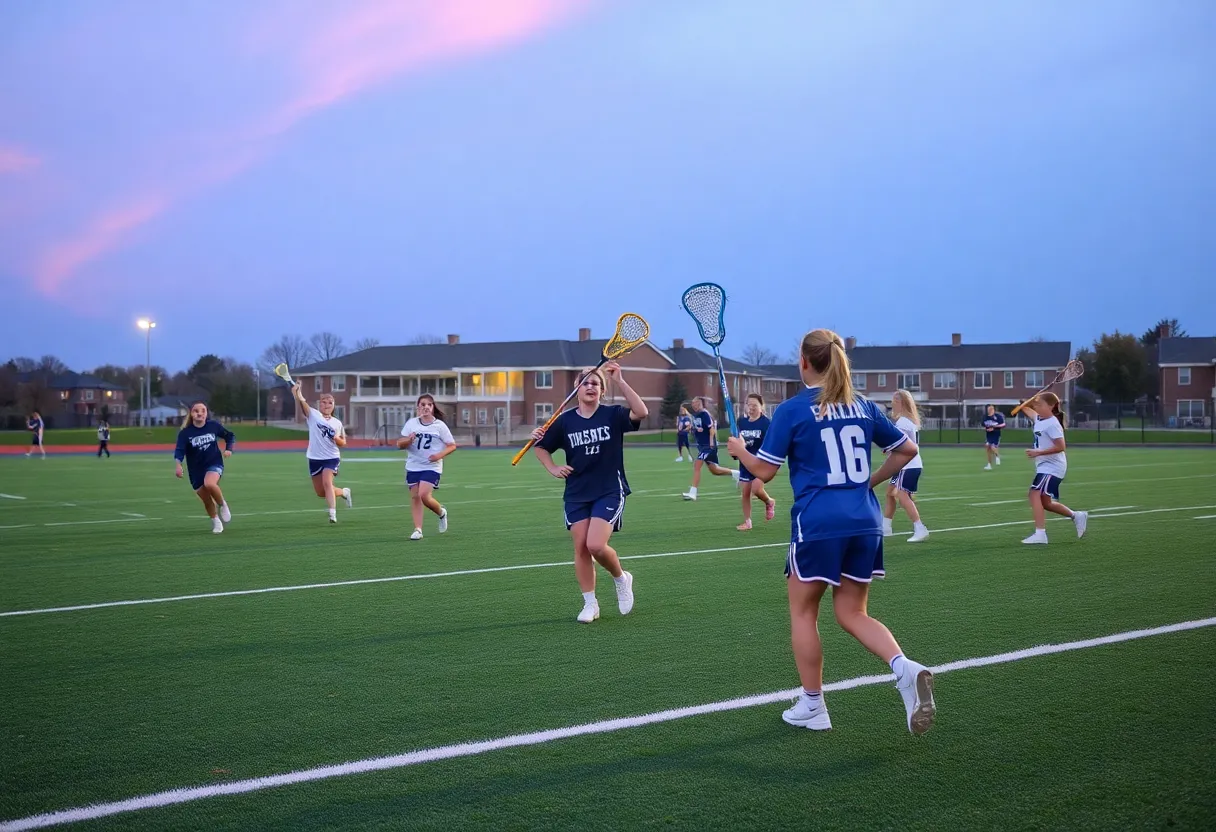 Lacrosse players practicing on a field at John Paul II Catholic School