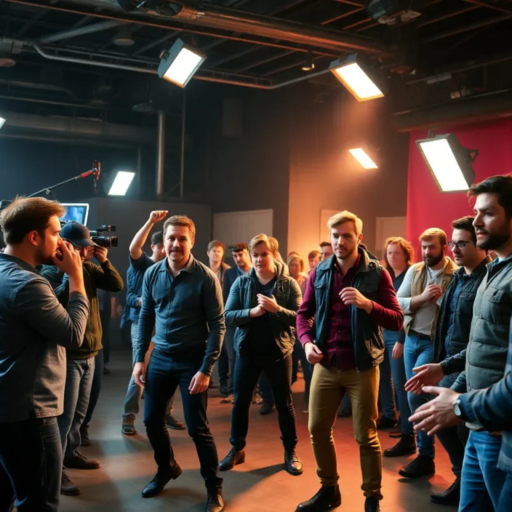 Actors on set of a Marvel movie depicting teamwork and enthusiasm
