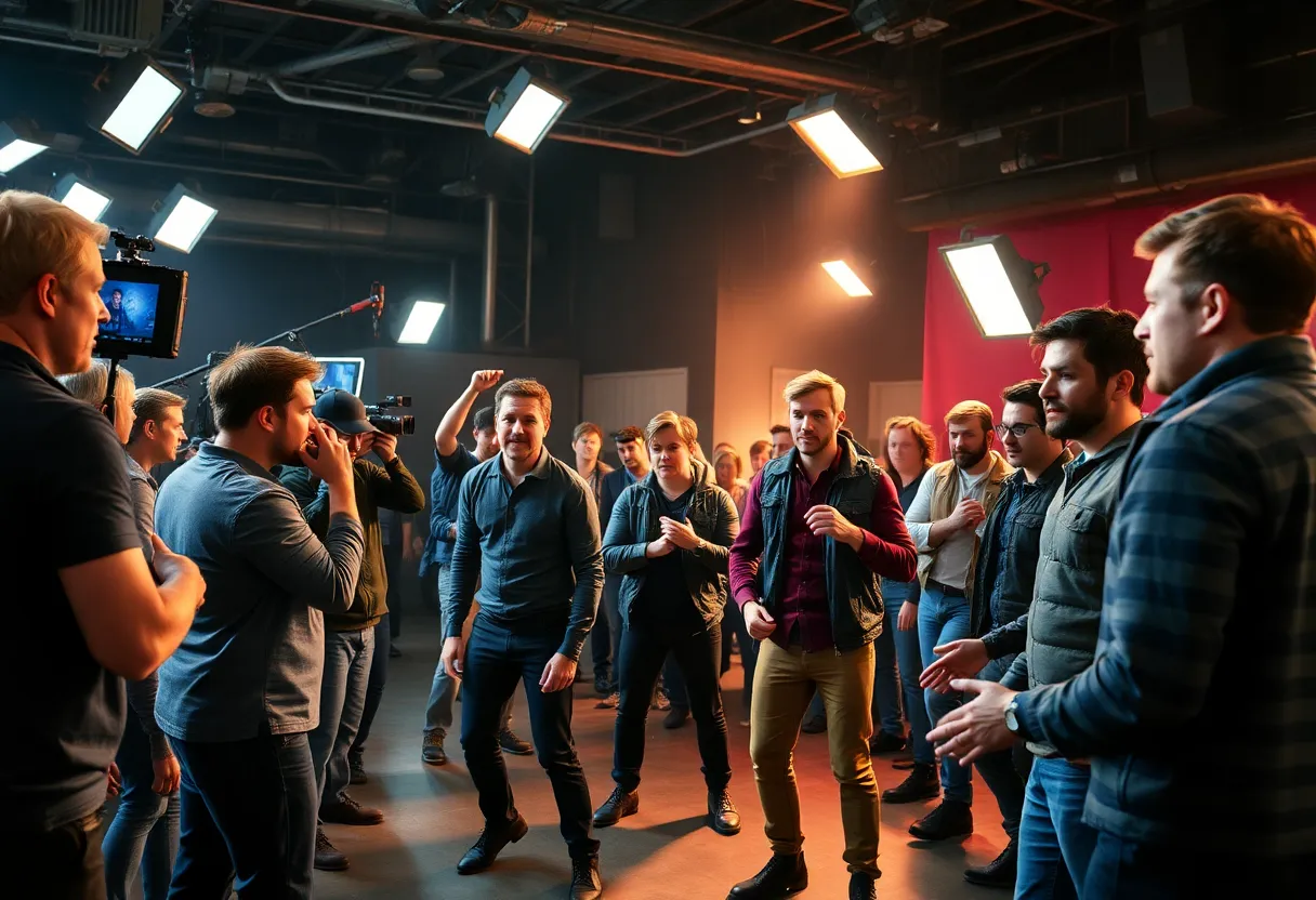 Actors on set of a Marvel movie depicting teamwork and enthusiasm