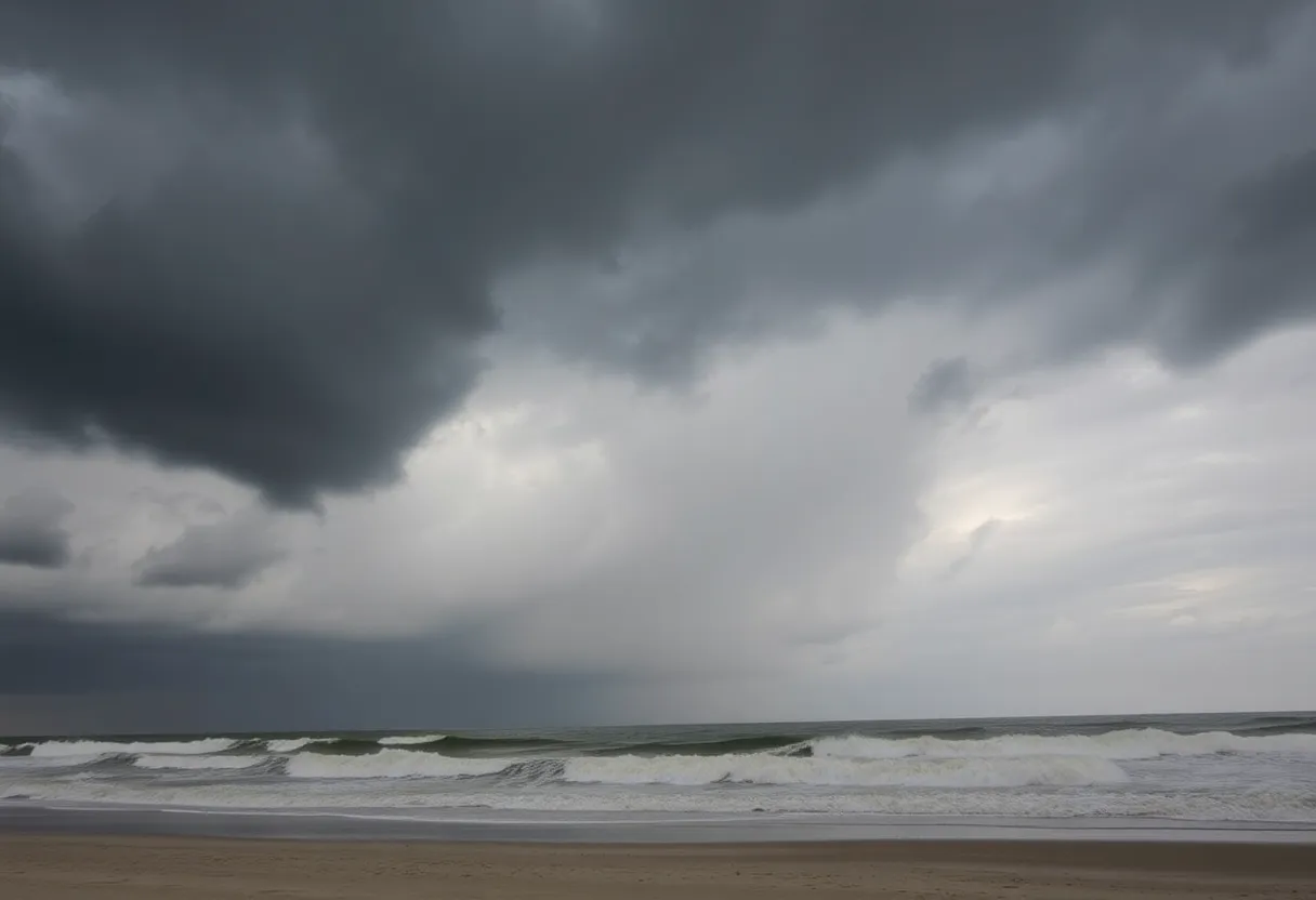 Dark clouds gathering over Myrtle Beach with rough waves crashing on the shore