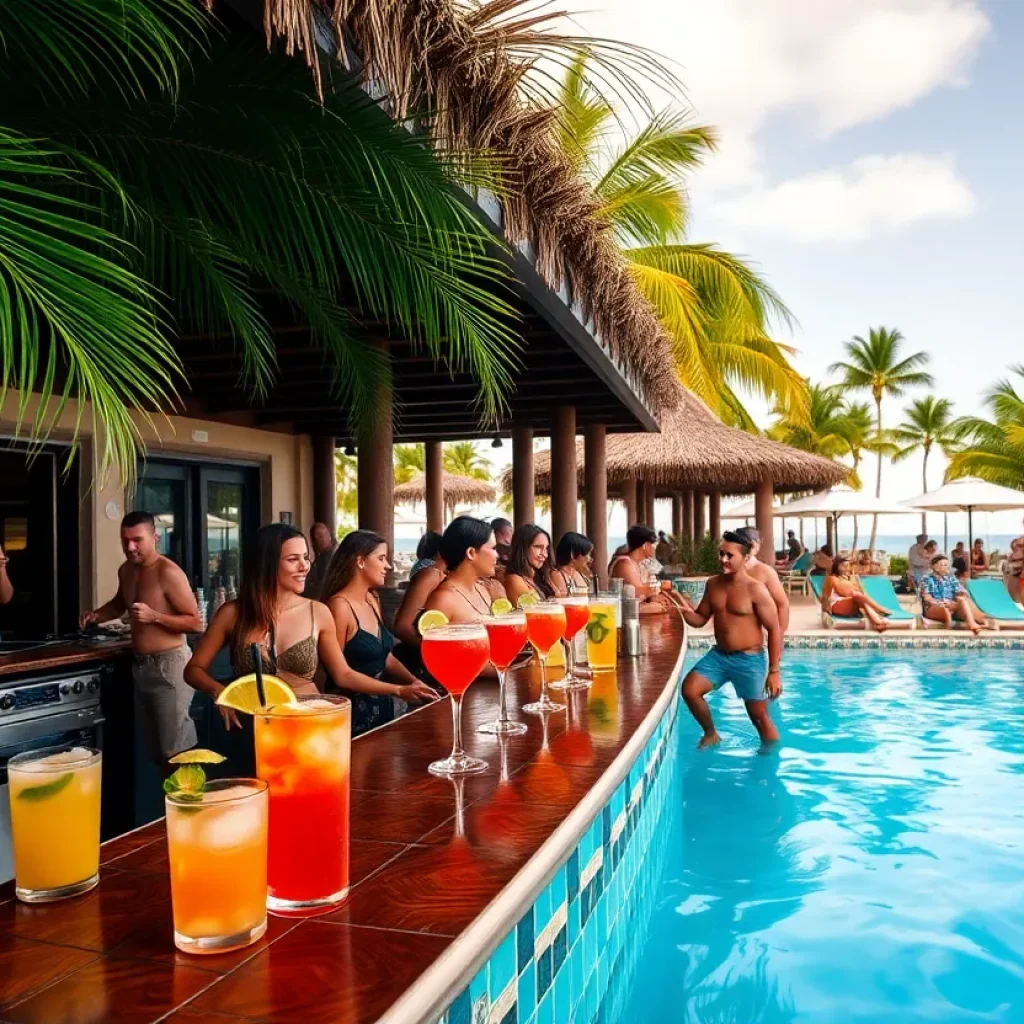 Vibrant poolside bar with tropical drinks under palm trees