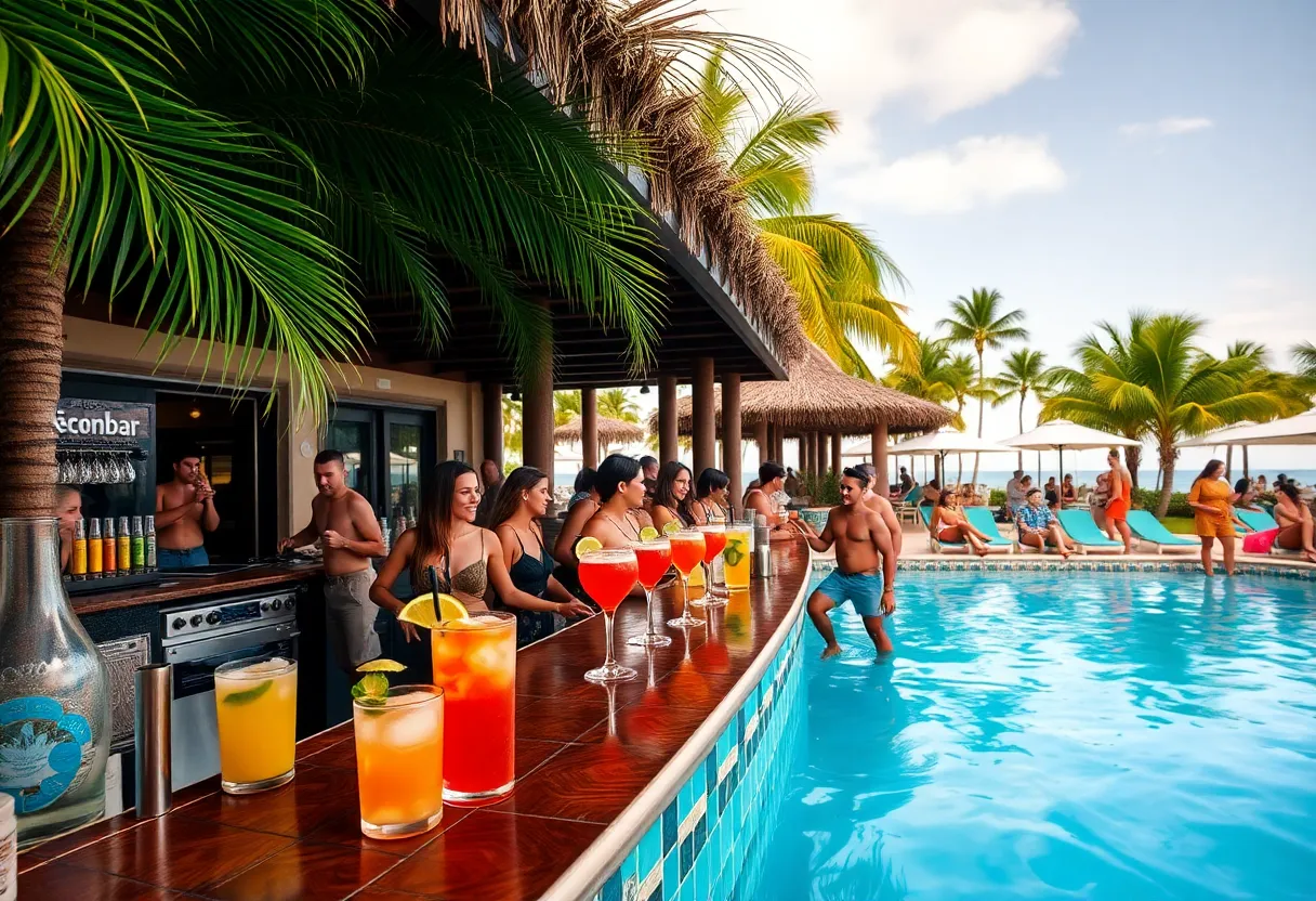 Vibrant poolside bar with tropical drinks under palm trees