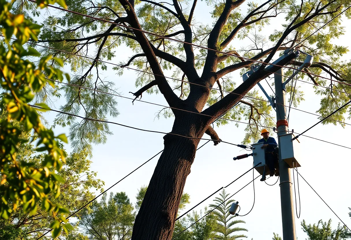 Technicians working to restore power after a tree accident near power lines.
