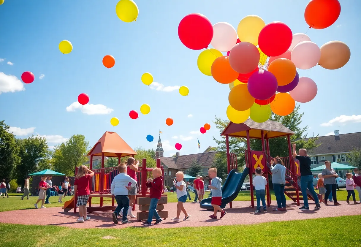 Family and children enjoying the opening celebration of Riverside Park Playground