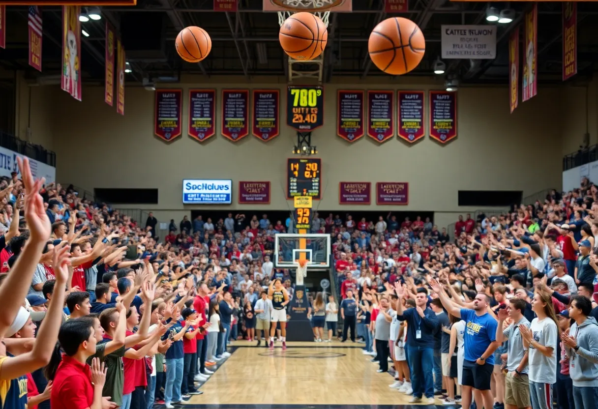 Fans cheering at a high school basketball playoff game