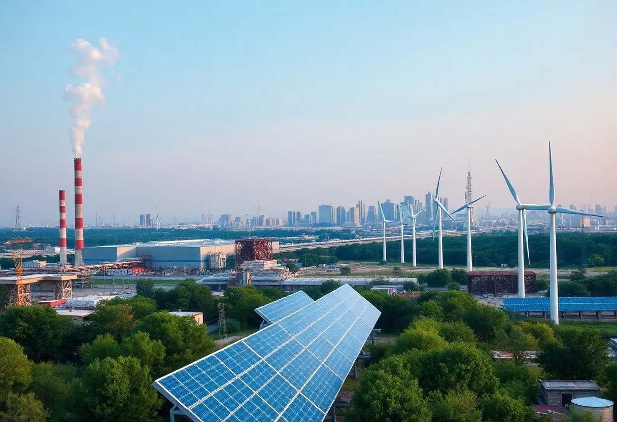 Industrial energy landscape in South Carolina featuring power plants and renewable energy sources.