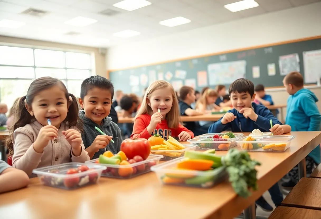 Students enjoying free meals in a school cafeteria