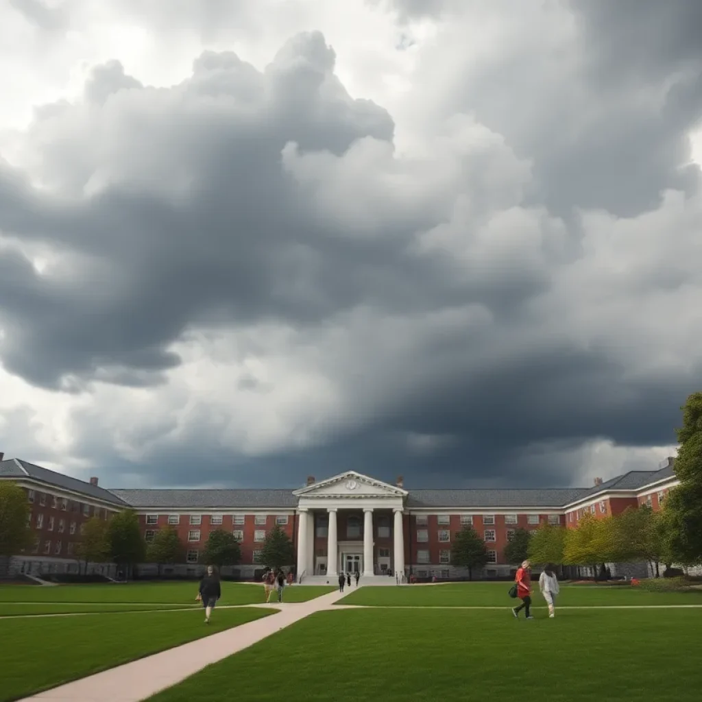 Students walking on a university campus with stormy clouds overhead, representing funding challenges.