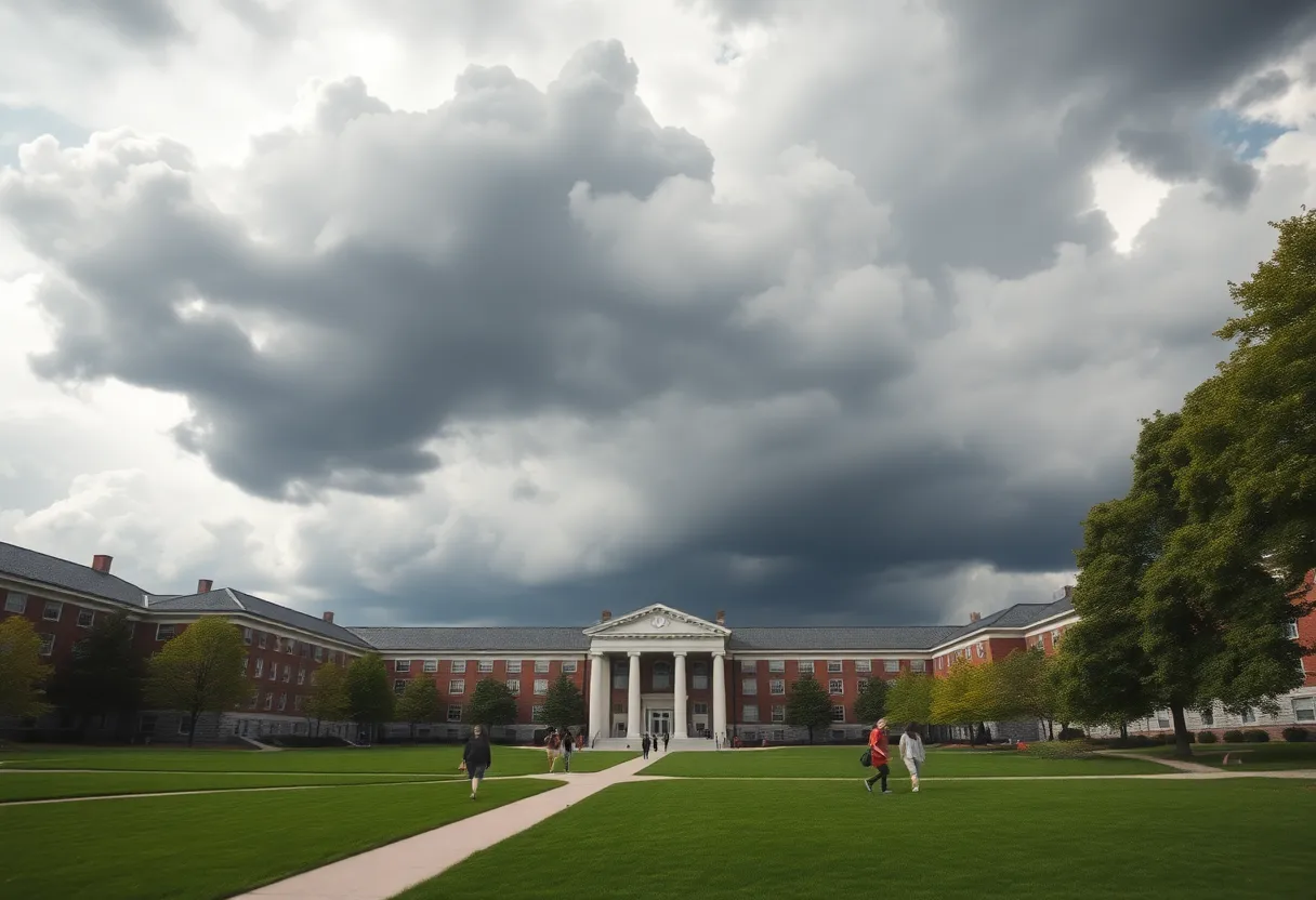 Students walking on a university campus with stormy clouds overhead, representing funding challenges.