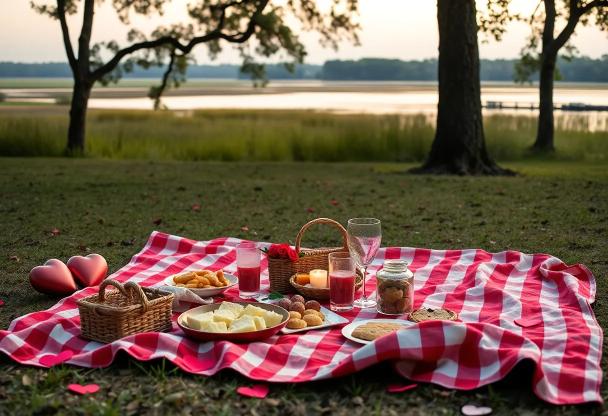 A romantic picnic setup in South Carolina's Lowcountry for Valentine's Day.