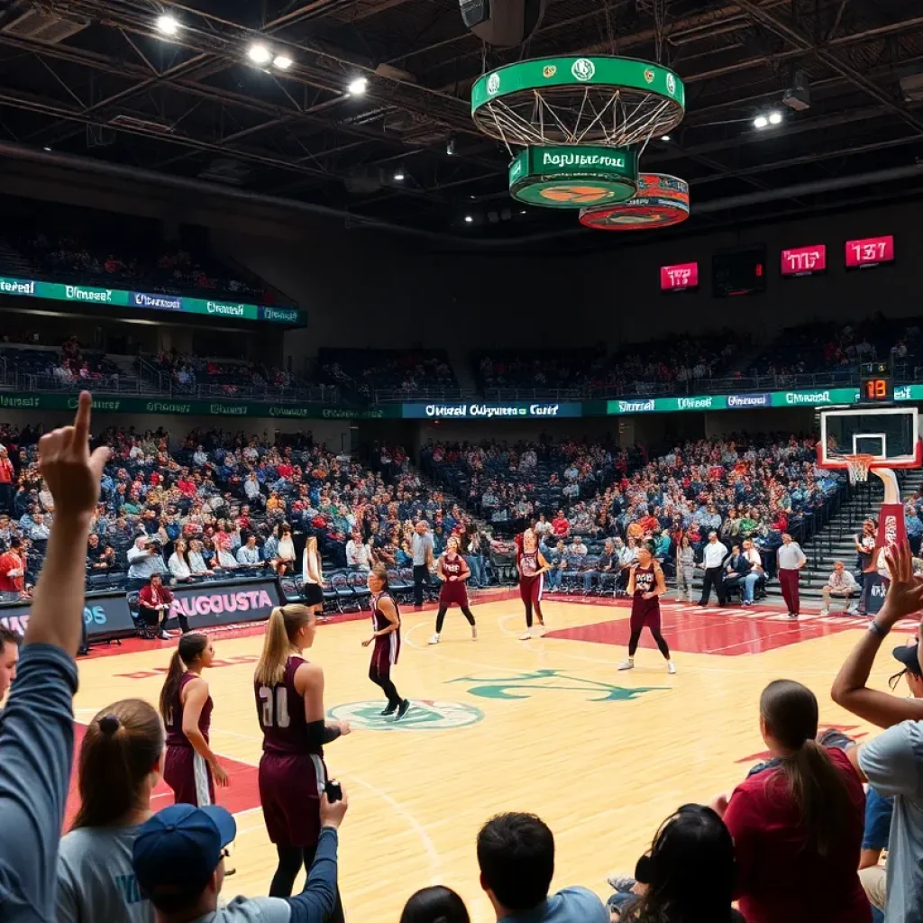 Augusta women's basketball team celebrating a victory on the court