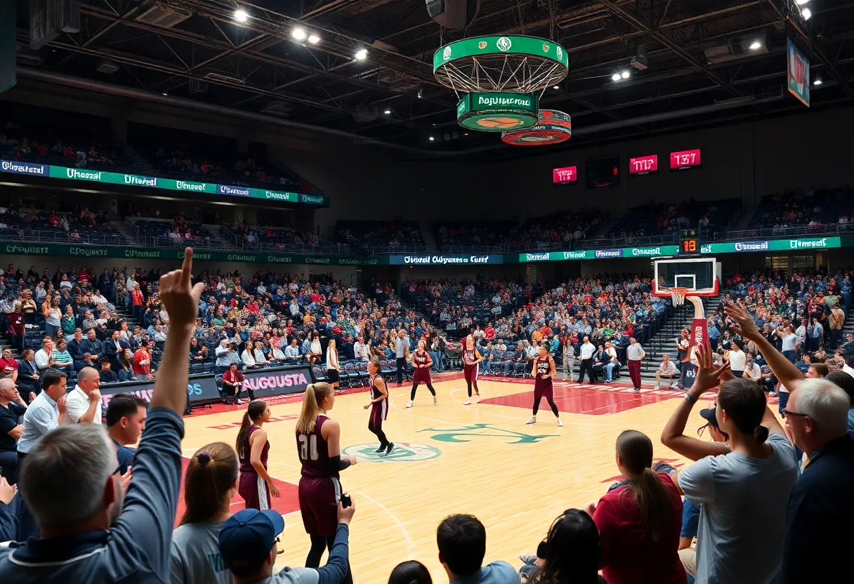 Augusta women's basketball team celebrating a victory on the court