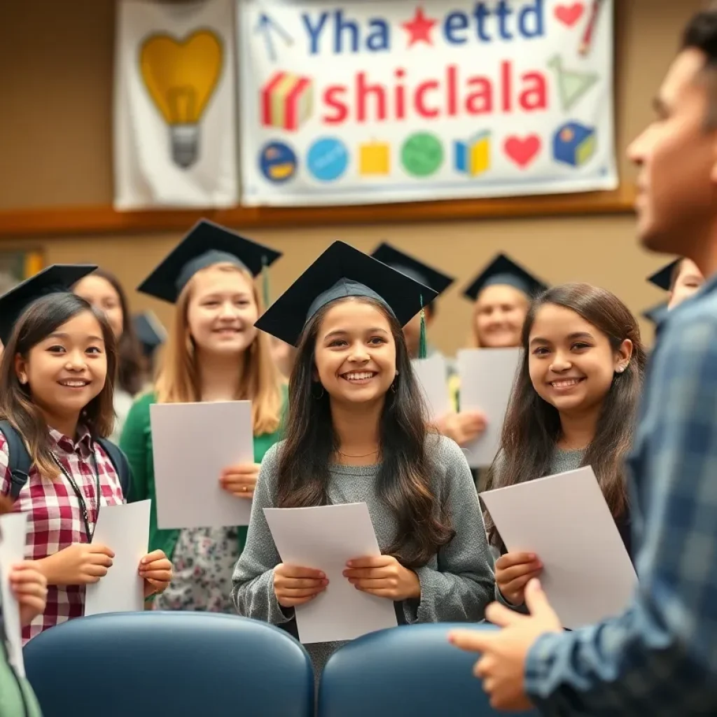 High school students celebrating scholarship awards at an event
