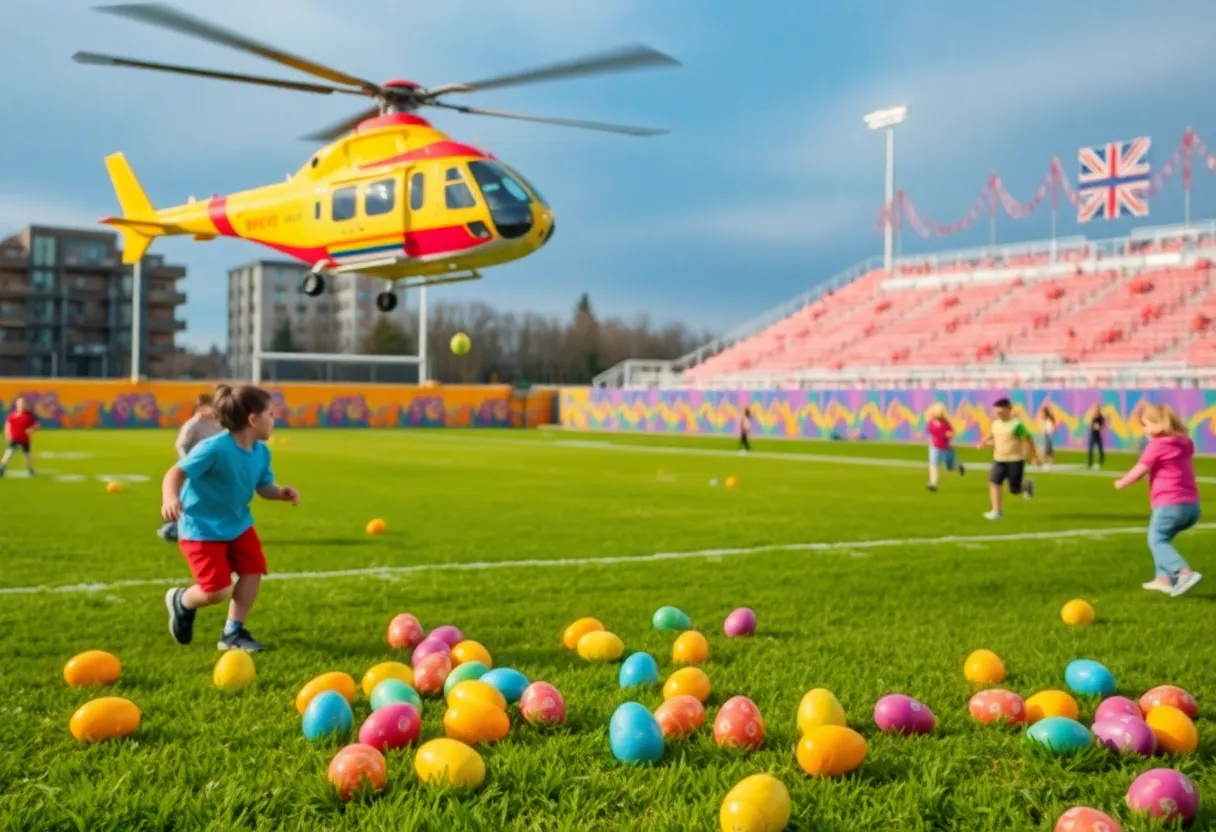 Children collecting Easter eggs on the football field during the Beaufort Academy egg drop.