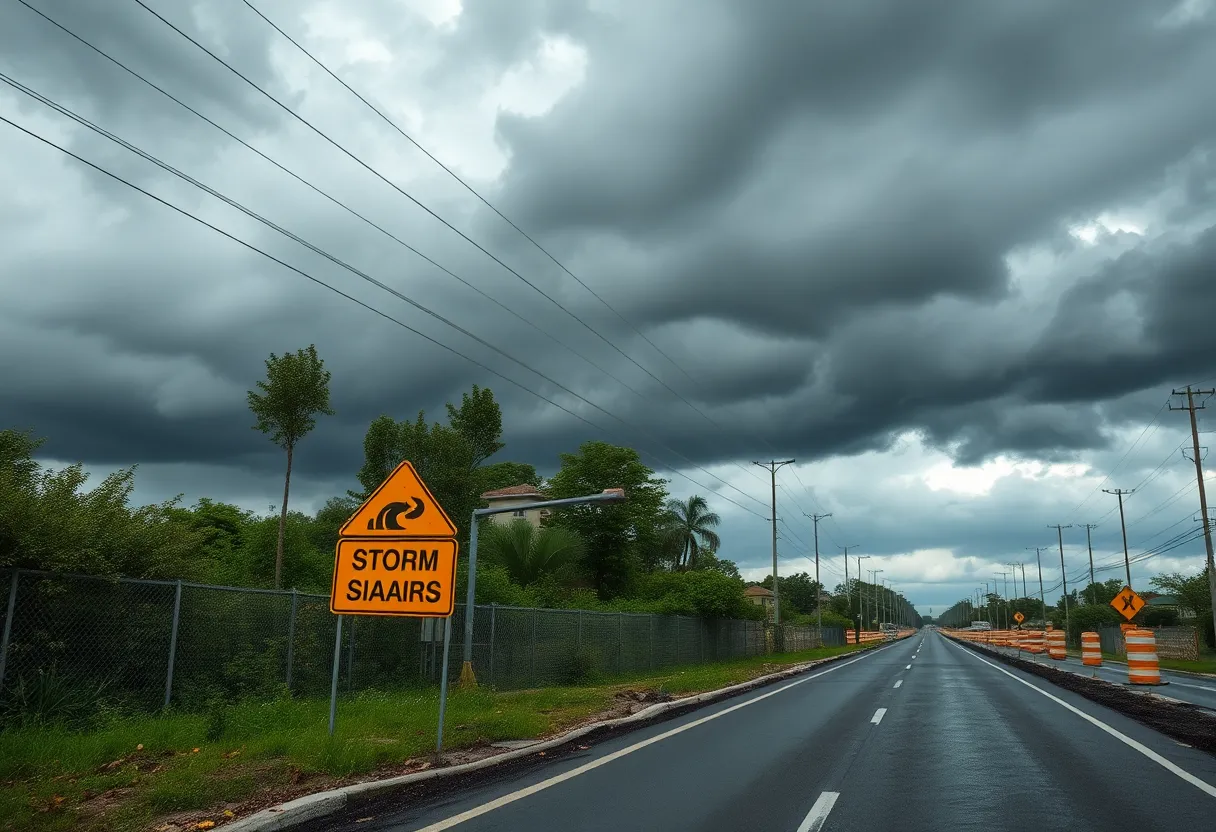 Construction signs near Lost Island Road for storm drain replacement