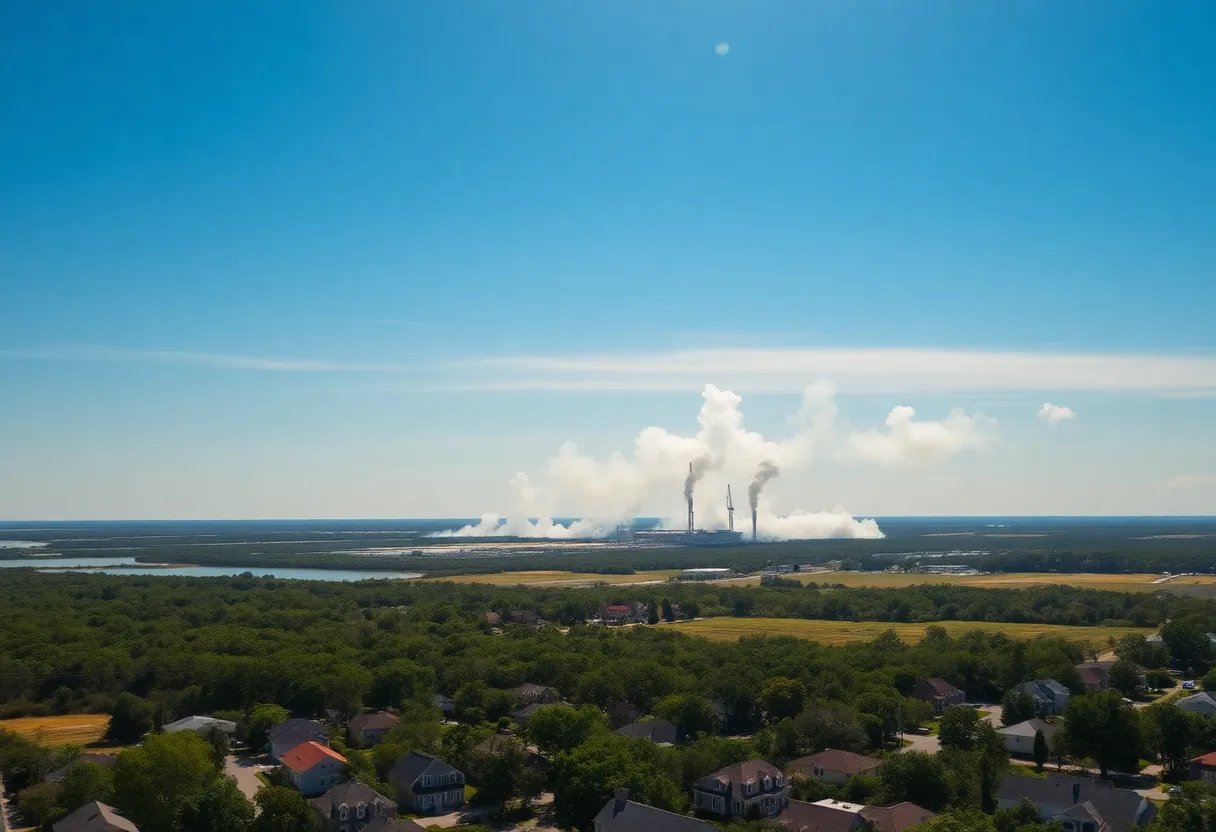 Scenic view of Beaufort SC during pyrotechnic tests with smoke plumes in the sky.