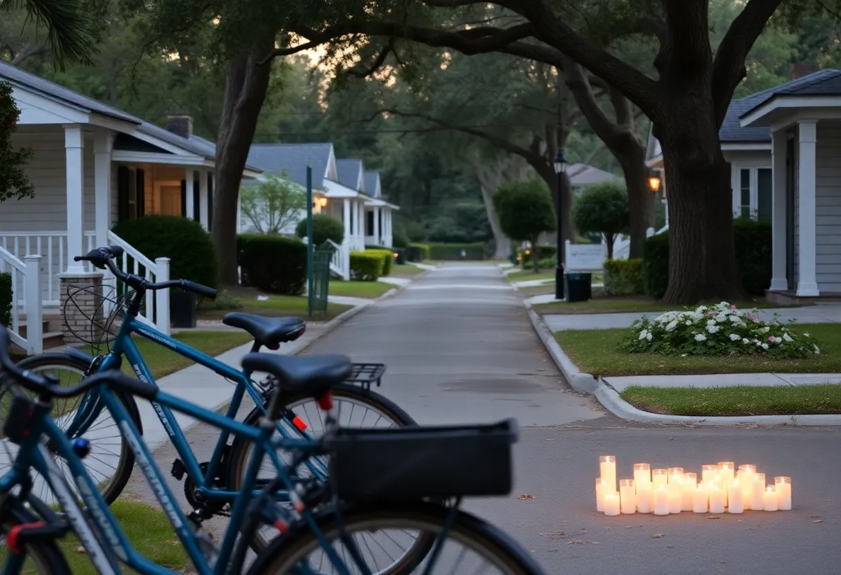 A candlelight vigil for a child in Bluffton, SC amidst parked bicycles