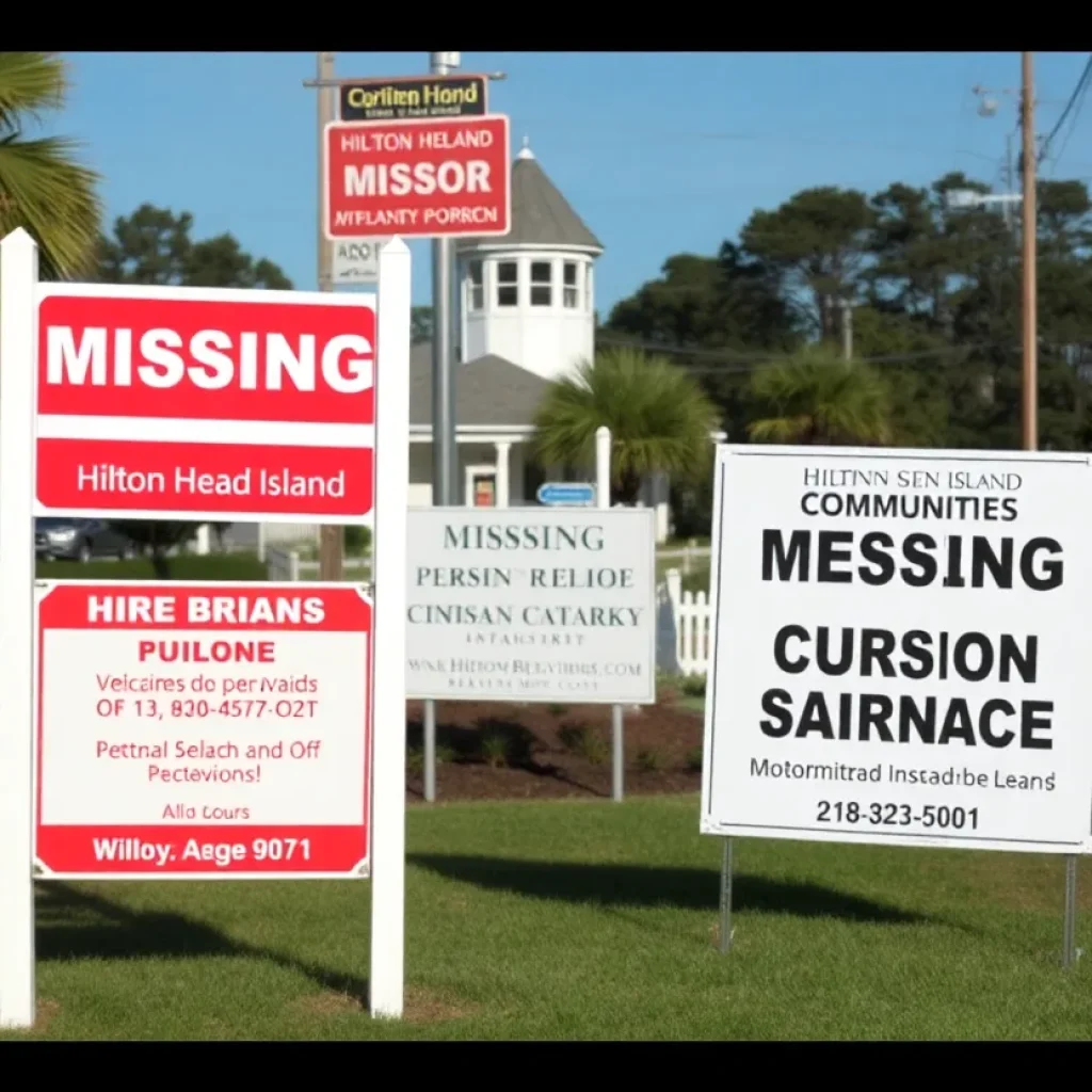 Community signs and landmarks related to the search for a missing person on Hilton Head Island