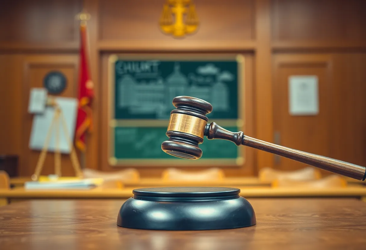 Courtroom with gavel and school elements