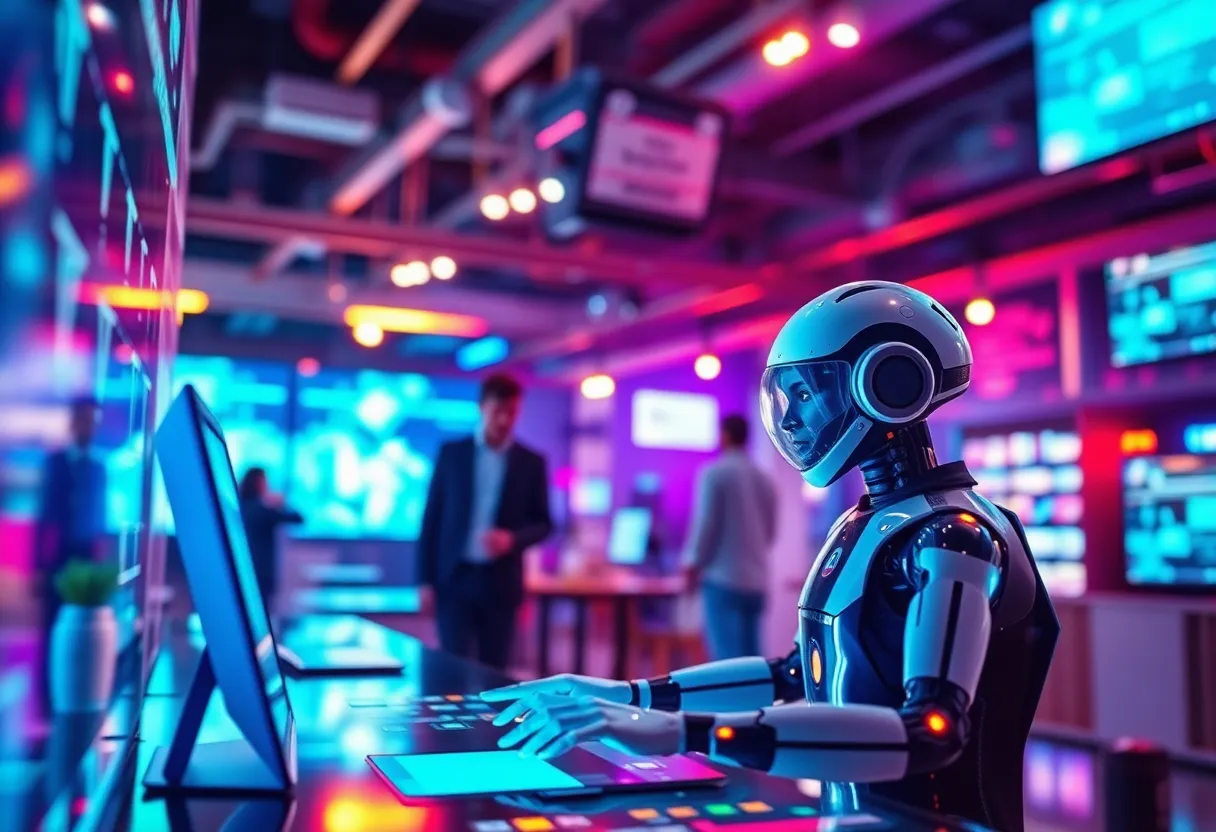 Futuristic digital marketing scene showcasing AI technology
