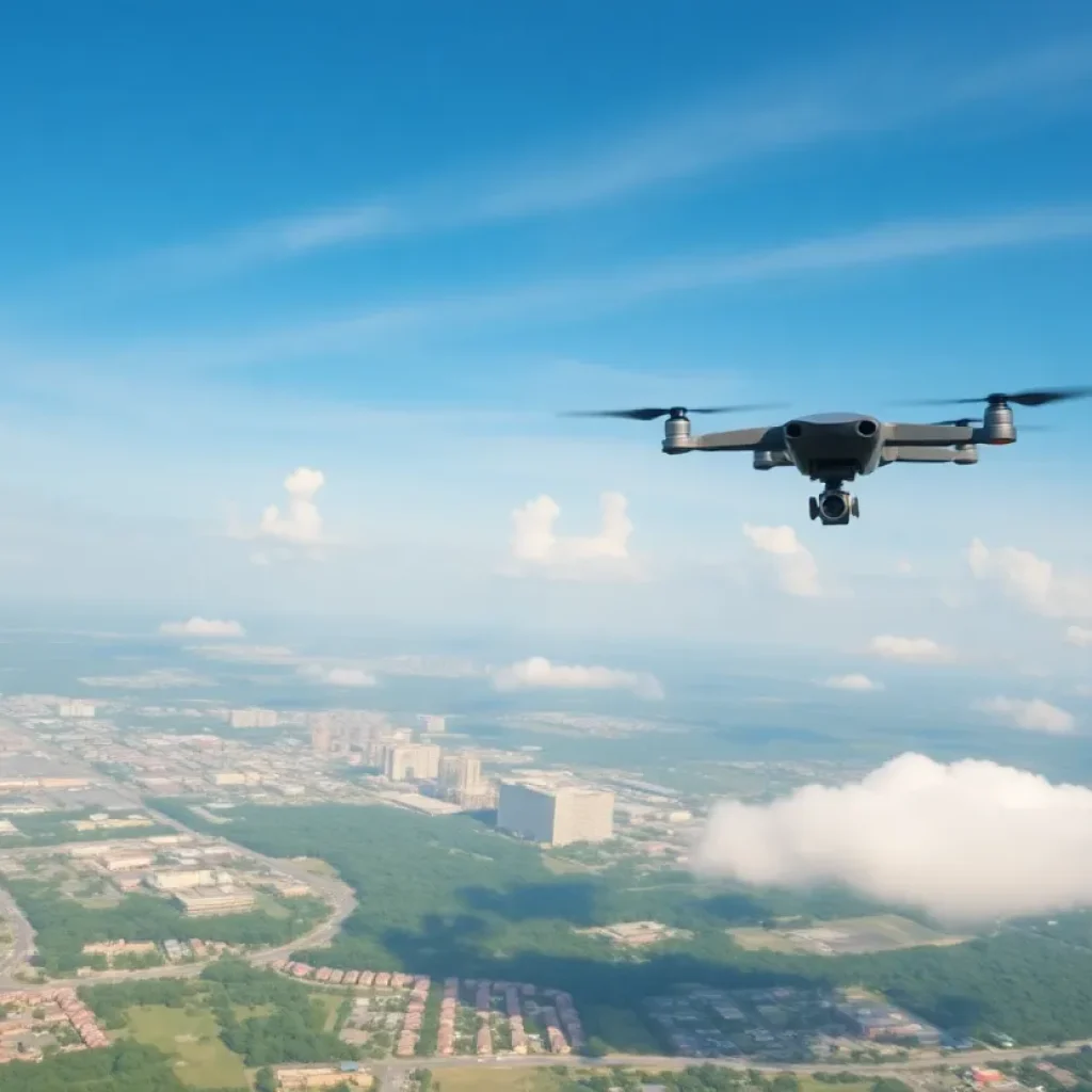 Aerial view of Charleston SC with drones flying overhead