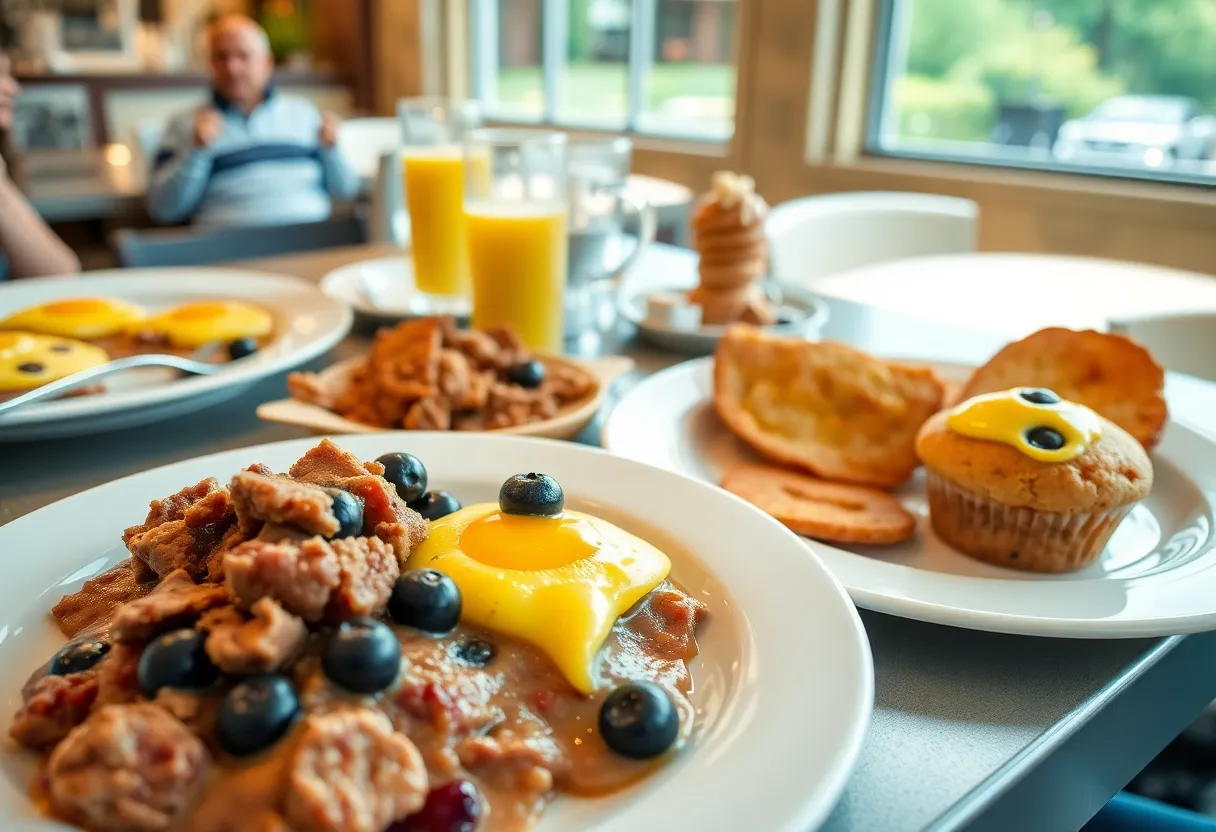 A variety of delicious breakfast dishes including omelets, corned beef hash, and blueberry muffins.