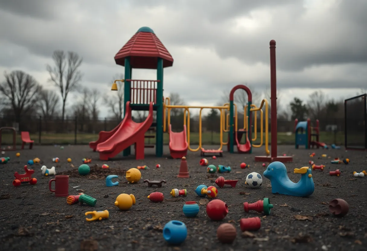 A deserted playground with toys, symbolizing the loss of a young life in a tragic incident.
