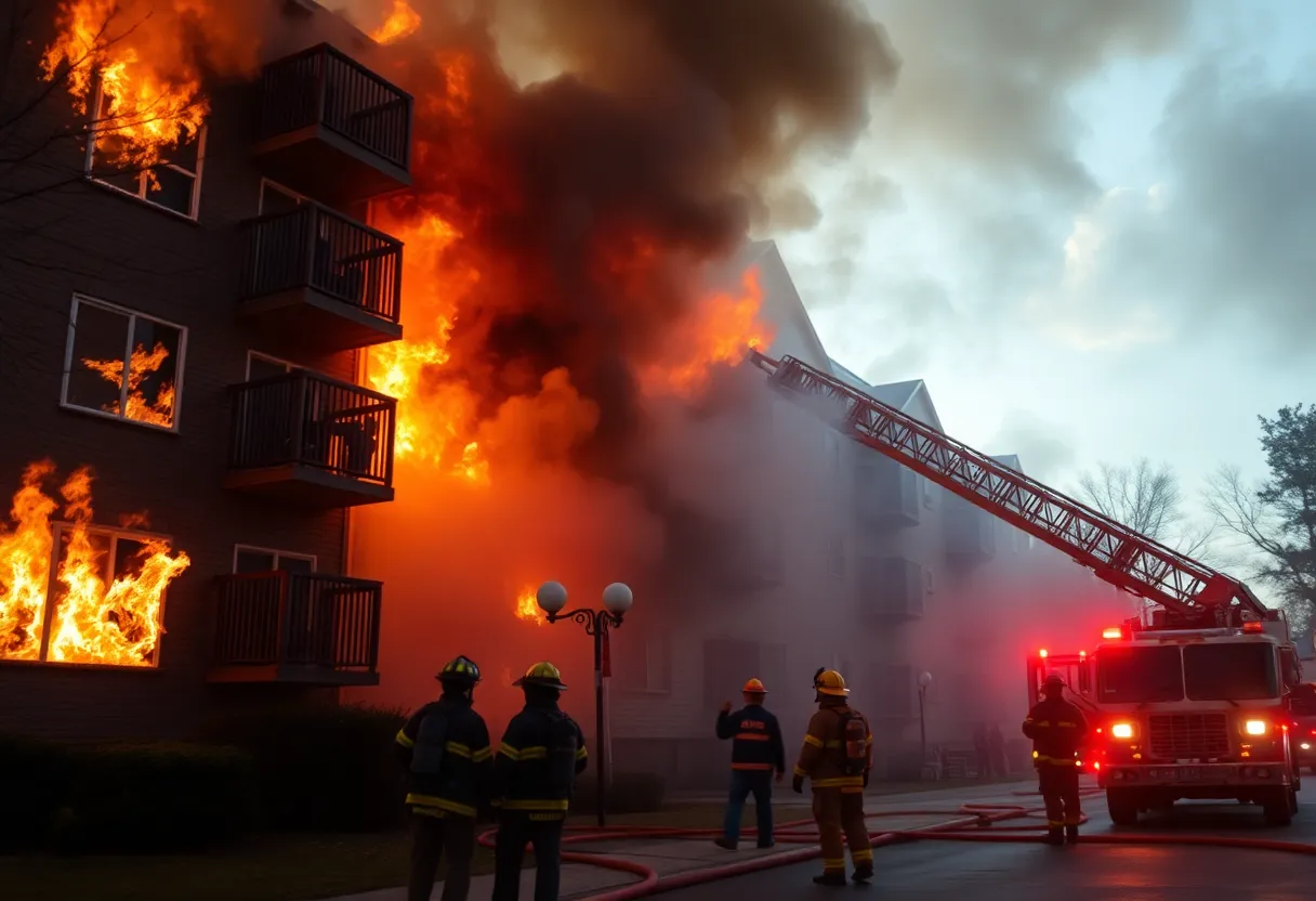 Firefighters extinguishing a structure fire at Garden Oaks Apartments in Beaufort, South Carolina.