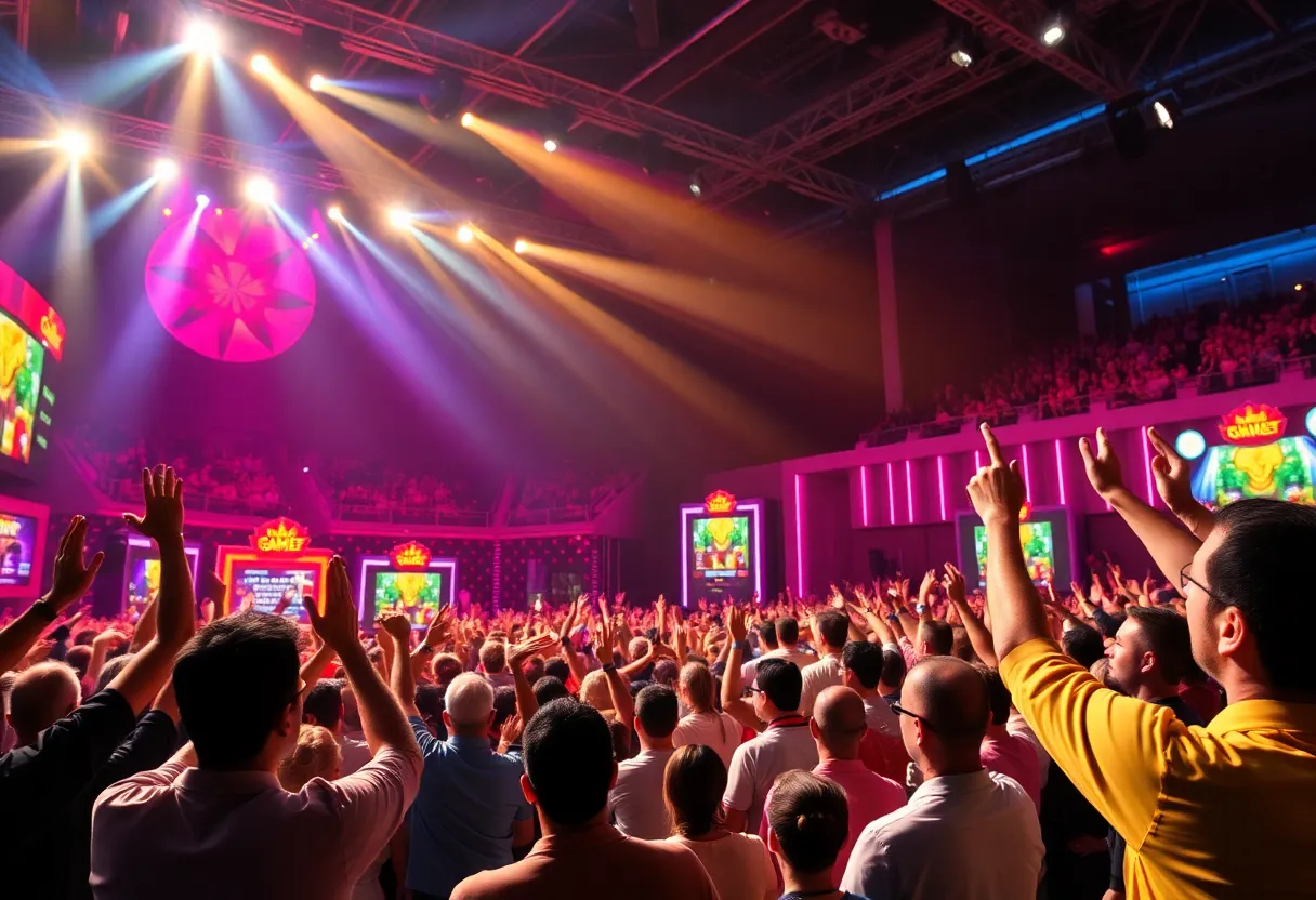 A lively game show set with an enthusiastic audience and colorful displays.