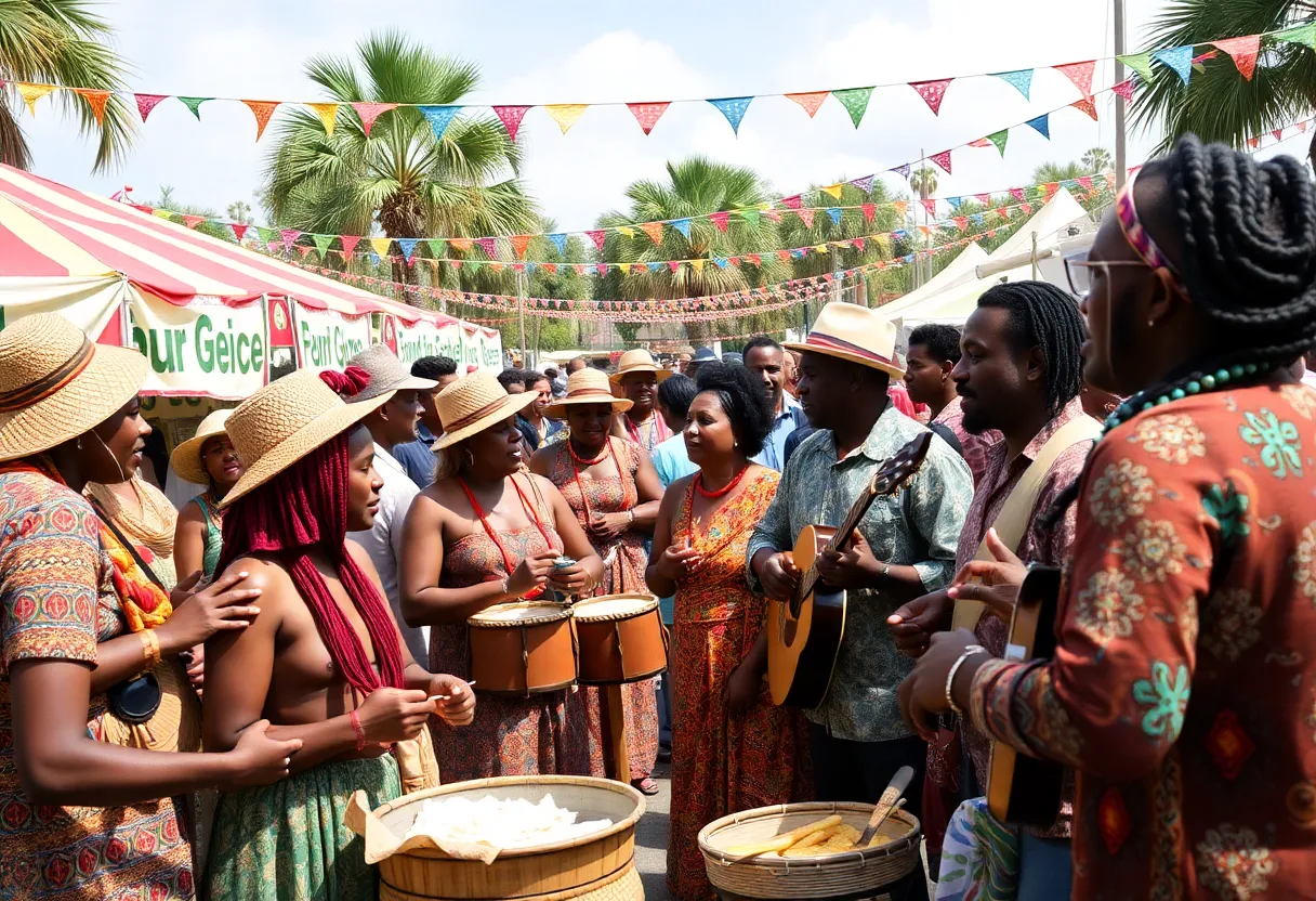 Crowd enjoying Gullah Geechee music and food at a festival.