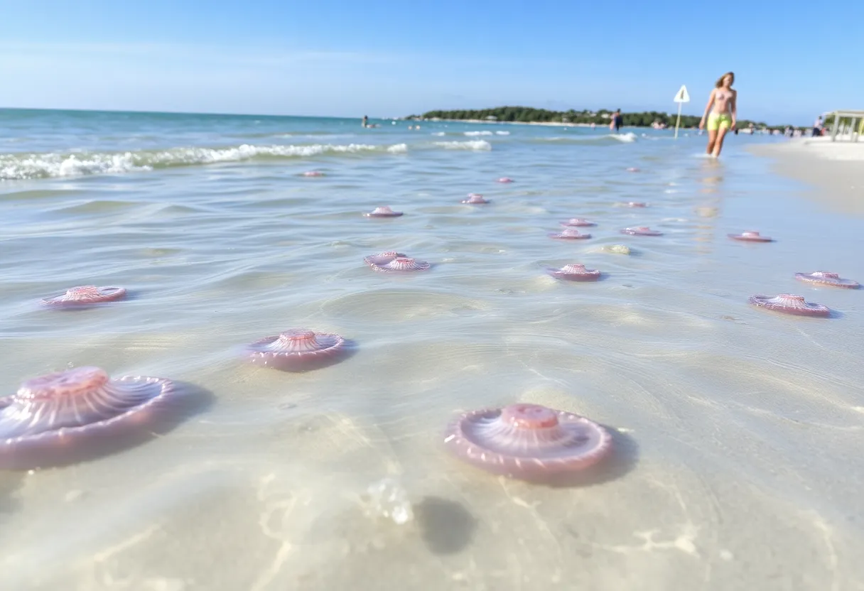 A scenic view of Hilton Head Beach with jellyfish visible in the water.