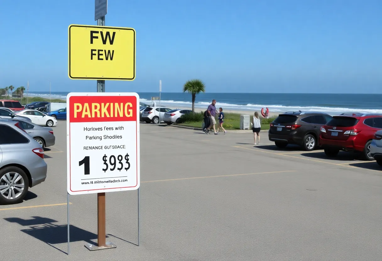 Busy beach parking lot on Hilton Head Island with parking signs