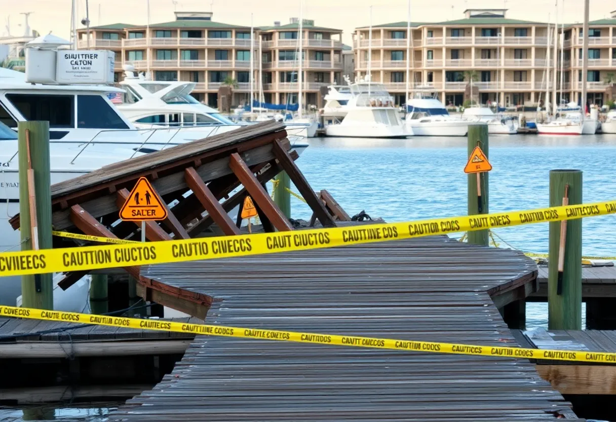 Collapsed gangway at Hilton Head Marina with caution tape