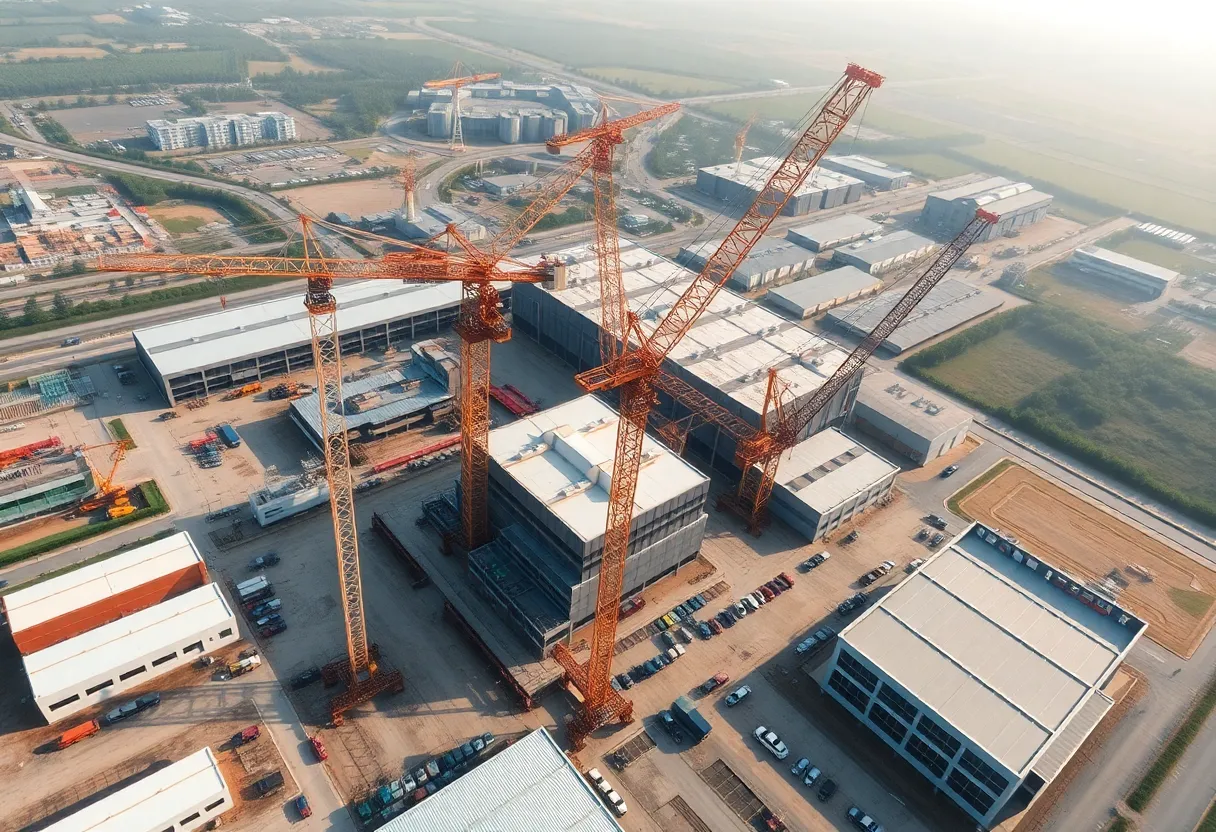 Aerial view of an industrial construction site in 2025