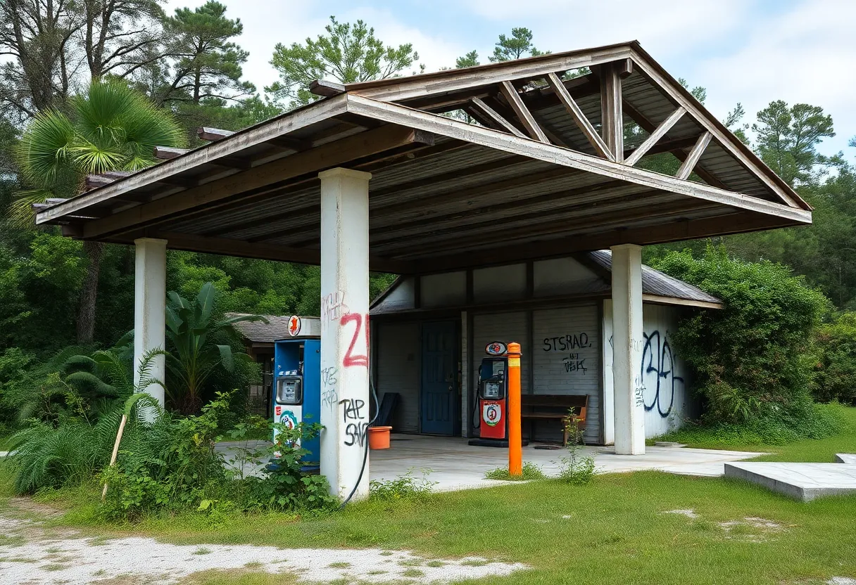 Derelict Kangaroo Express gas station covered in graffiti