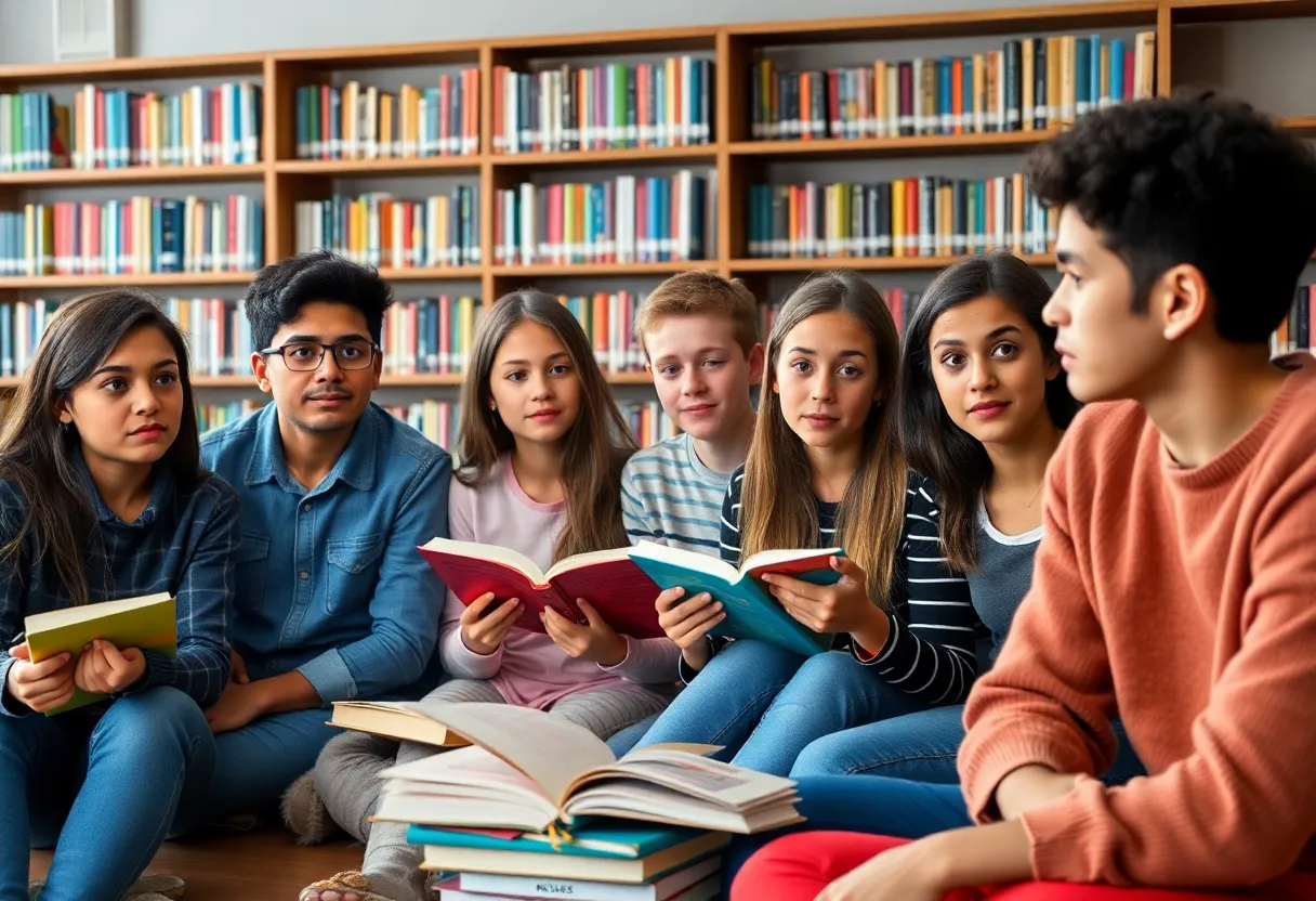 Students in a library discussing book bans