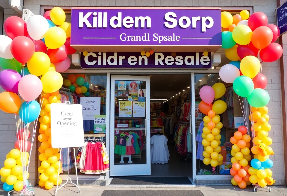 Entrance of Once Upon A Child store decorated for grand opening
