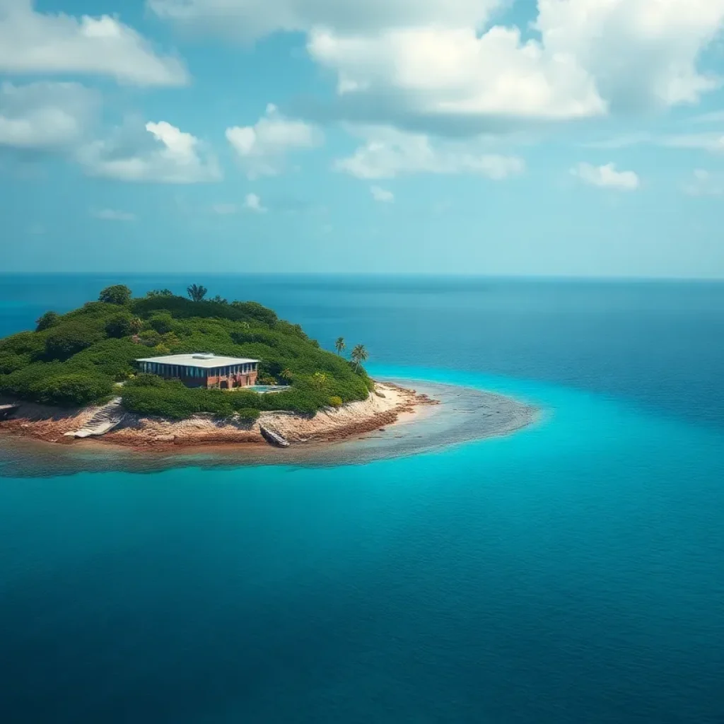 Aerial view of the Pritchards Island research facility surrounded by coastal waters and nature.