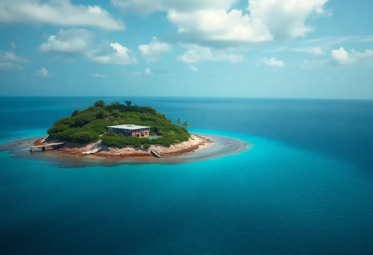 Aerial view of the Pritchards Island research facility surrounded by coastal waters and nature.