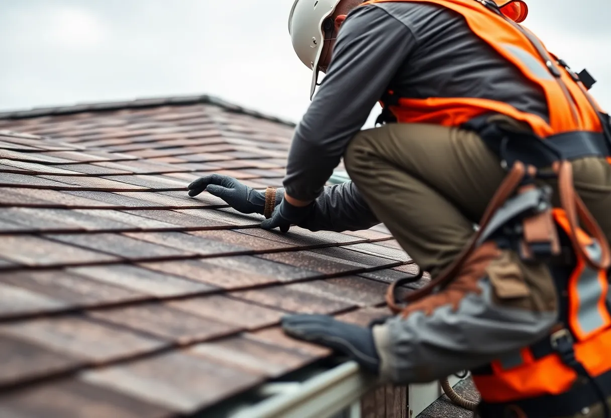 Person inspecting roof shingles and gutters for maintenance needs