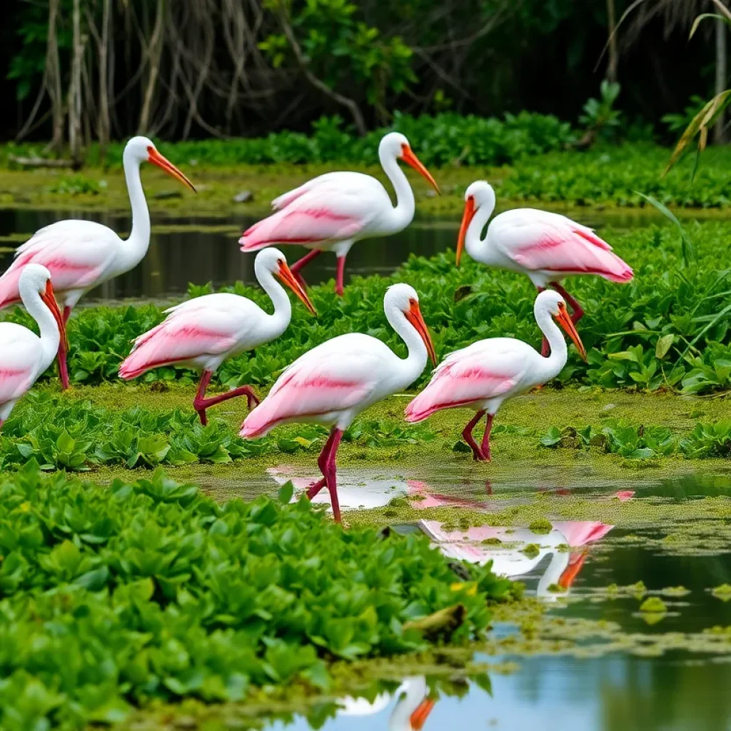 Roseate Spoonbills standing in a marsh at Hilton Head